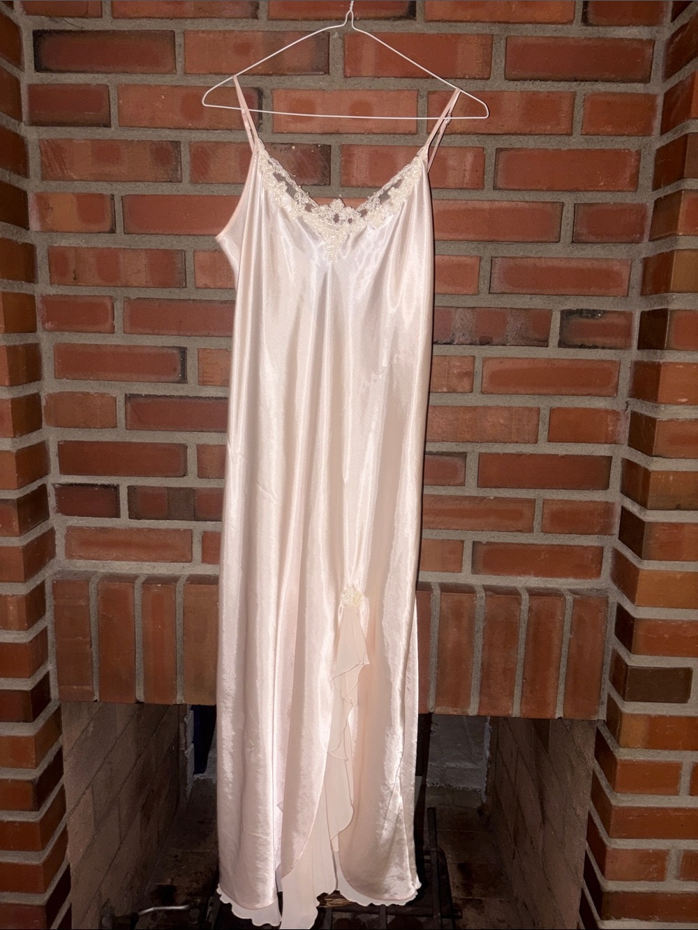 Expressions california M satin floor length slip dress ruffle ruched slit pearl